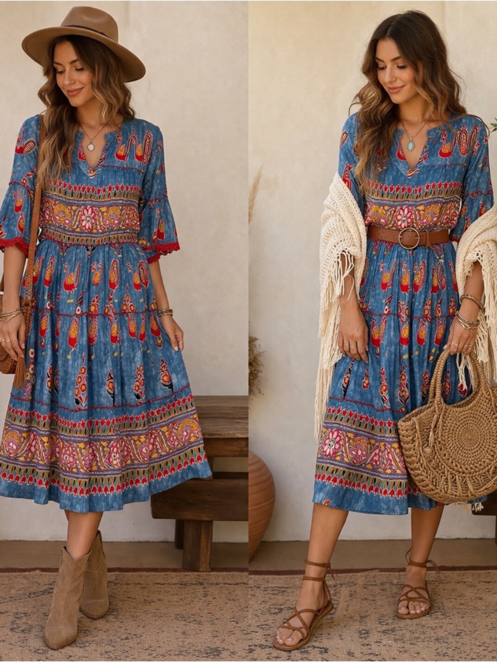 Rhea Boho Blue Peacock & Floral Midi Dress